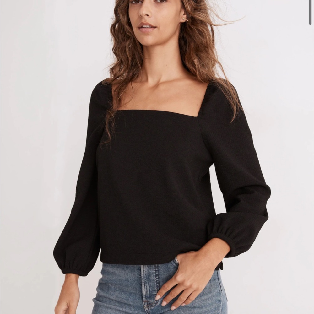 Madewell Crepe Textured Square Neck Princess sleeve Black Blouse